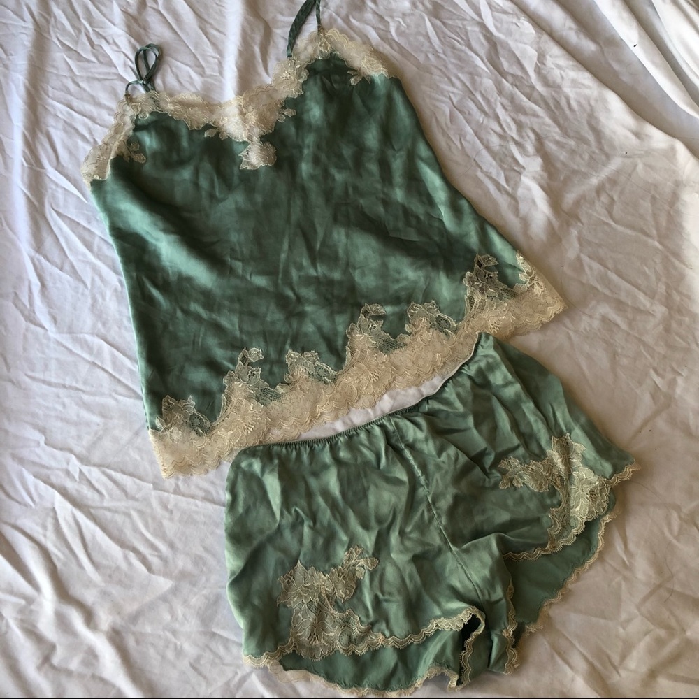 Natori Lolita cami set pajama pj in seafoam aloe green with lace